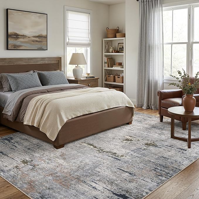 Area Rug Living Room Rugs - 7x9 Washable Large Soft Indoor Neutral Modern Abstract Low Pile Rug Carpet for Bedroom Dining Room Farmhouse Home Office - Blue/Grey/Brown