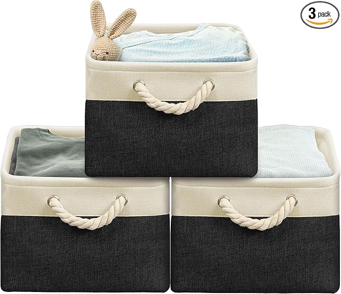 Simple Houseware Large Fabric Storage Bin, 15.7" x 12" with Braided Handles, 3 Pack, Black