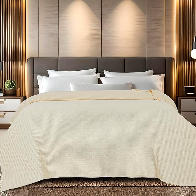 Bed & Bath Home Premium 100% Cotton Waffle Weave Blanket Twin Size – Soft Breathable Lightweight Comfort, Natural All-Season Bed Blanket, Easy-Care Bedspread for Bed & Couch (Ivory)