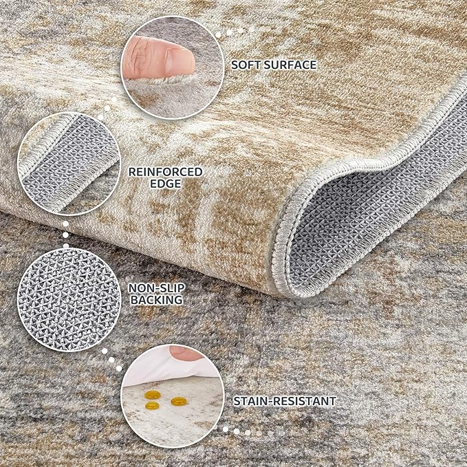Area Rug Living Room Rugs - 5x8 Washable Large Soft Indoor Neutral Modern Abstract Low Pile Rug Carpet for Bedroom Dining Room Farmhouse Home Office - Brown Grey