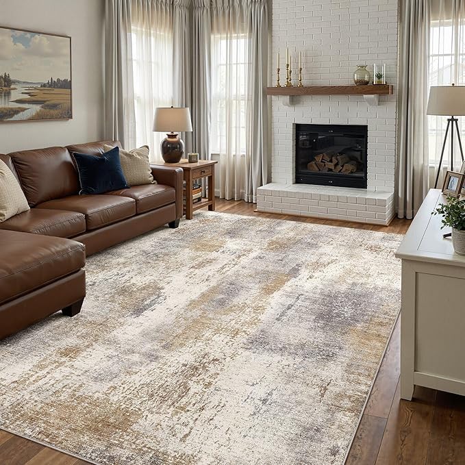 Area Rug Living Room Rugs - 7x9 Washable Large Soft Indoor Neutral Modern Abstract Low Pile Rug Carpet for Bedroom Dining Room Farmhouse Home Office - Brown Grey