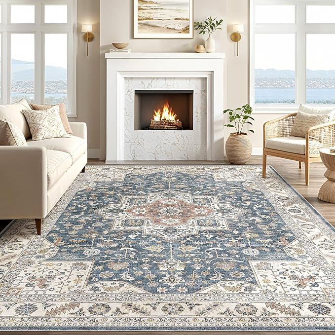 Vintage Living Room Area Rug 5x8 - Large Soft Washable Oriental Traditional Distressed Farmhouse Rugs for Bedroom - Indoor Floor Accent Carpet for Home Office House Decor - Vintage Blue