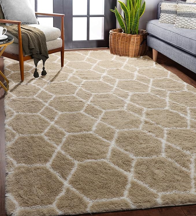 ONASAR 5x7 Area Rugs for Living Room Bedroom, Fluffy Beige and White Shag Rug, Geometric Boho Soft Plush Shaggy Floor Carpet Mat for Nursery Kids Girls Boys Teen Dorm Home Decor Aesthetic