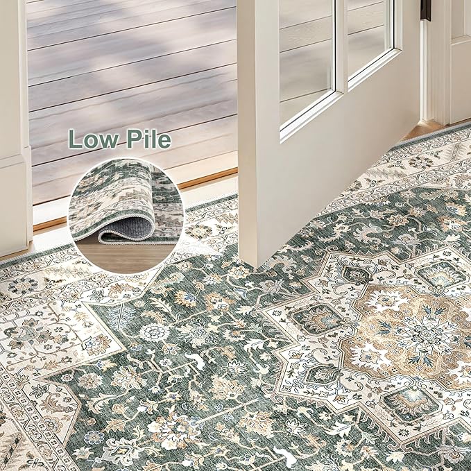 Vintage Living Room Area Rug 3x5 - Large Soft Washable Oriental Traditional Distressed Farmhouse Rugs for Bedroom - Indoor Floor Accent Carpet for Home Office House Decor - Vintage Green