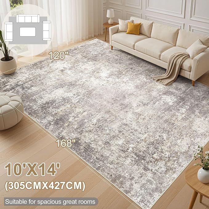 Area Rug Living Room Rugs - 10x14 Abstract Large Soft Indoor Washable Rug Neutral Modern Low Pile Carpet for Bedroom Dining Room Farmhouse Home Office - Brown
