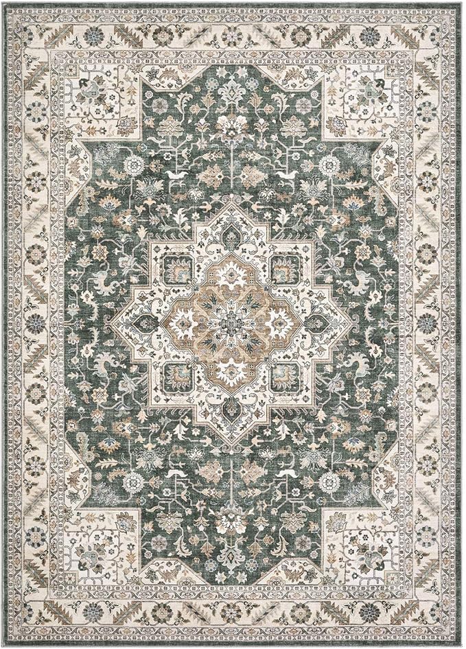 Vintage Living Room Area Rug 9x12 - Large Soft Washable Oriental Traditional Distressed Farmhouse Rugs for Bedroom - Indoor Floor Accent Carpet for Home Office House Decor - Vintage Green