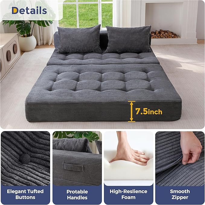 MAXYOYO Folding Sofa Couch, Convertible Floor Sleeper Couch with 2 Pillows, Tufted Floor Loveseat Couch Tufted Fold Out Chair Bed Comfy Sofa Lounge for Living Room Bedroom, Dark Grey