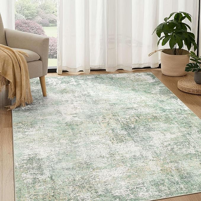 Area Rug Living Room Rugs - 5x7 Large Soft Indoor Neutral Modern Abstract Low Pile Washable Rug Carpet for Bedroom Dining Room Farmhouse Home Office - Green Grey