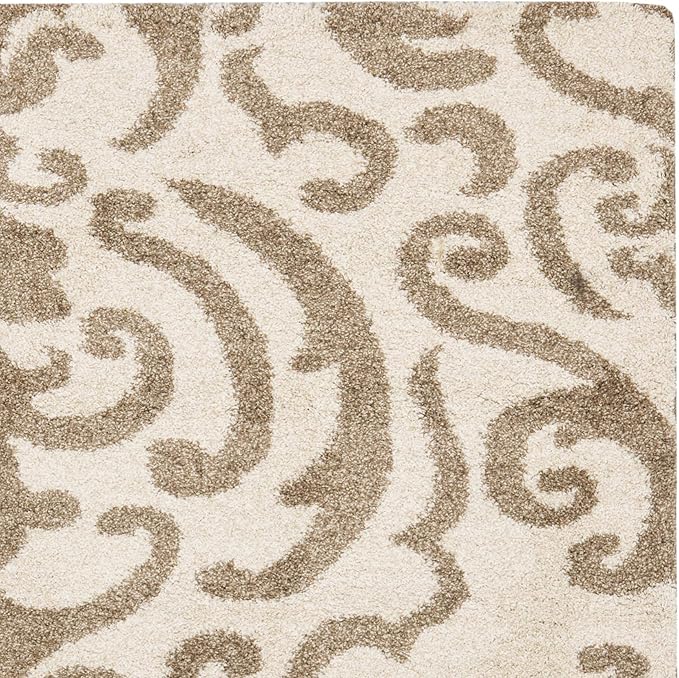 SAFAVIEH Florida Shag Collection Area Rug - 5' Square, Cream & Beige, Damask Design, Non-Shedding & Easy Care, 1.2-inch Thick Ideal for High Traffic Areas in Living Room, Bedroom (SG462-1113)