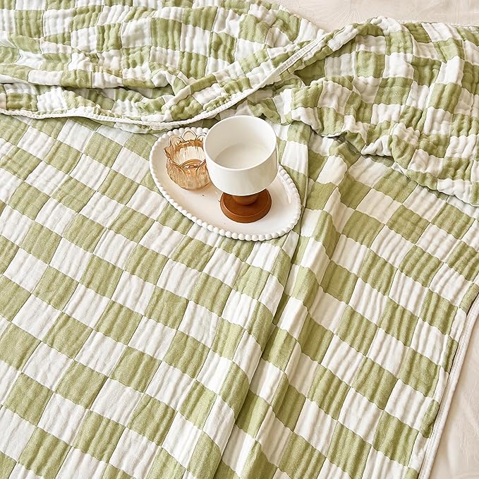 Ultra Soft Cozy 6-Layer Muslin 100% Cotton Checkered King Size 90"x104" Bed Blanket Breathable Lightweight Checkboard Bed Blankets Decorative for Sofa Bed All Seasons Both Sides Green