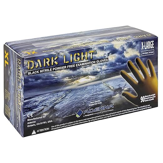 Adenna DLG678 Dark Light 9 mil Nitrile Powder Free Exam Gloves (Black, X-Large) Box of 90