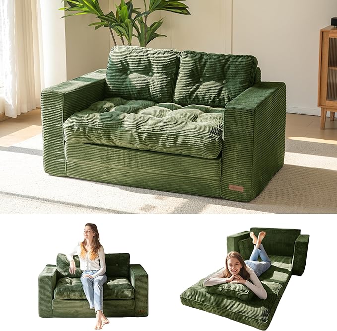 MAXYOYO Convertible Sofa Bed, Pull Out Loveseat Sleeper Sofa, 2 in 1 Folding Couch Bed, Fold Out Floor Couch with Pillows for Living Room Bedroom Lounge, Dark Green