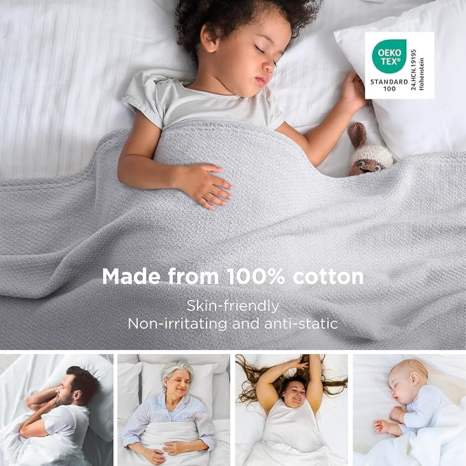 Bedsure GentleSoft 100% Cotton Large Throw Blanket for Couch 50x70 inches - Breathable and Lightweight, Soft Cozy Herringbone Woven Cotton Throw for Summer Spring, Cool Grey Office Chair Blanket