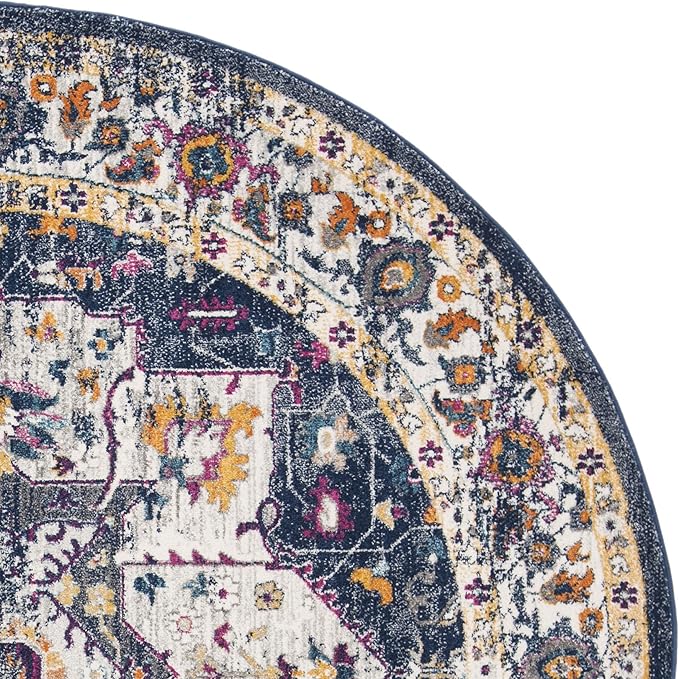 SAFAVIEH Evoke Collection Area Rug - 6'7" Round, Navy & Grey, Oriental Medallion Distressed Design, Non-Shedding & Easy Care, Ideal for High Traffic Areas in Living Room, Bedroom (EVK275N)