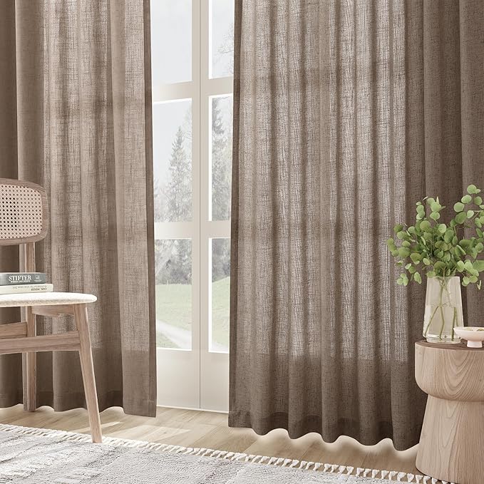Joywell Light Brown Back Tab Rod Pocket Linen Curtains 102 Inches Long 2 Panels for Living Room Bedroom Neutral Boho Farmhouse Rustic Light Filtering Semi Sheer Curtains Window Treatment 52x102