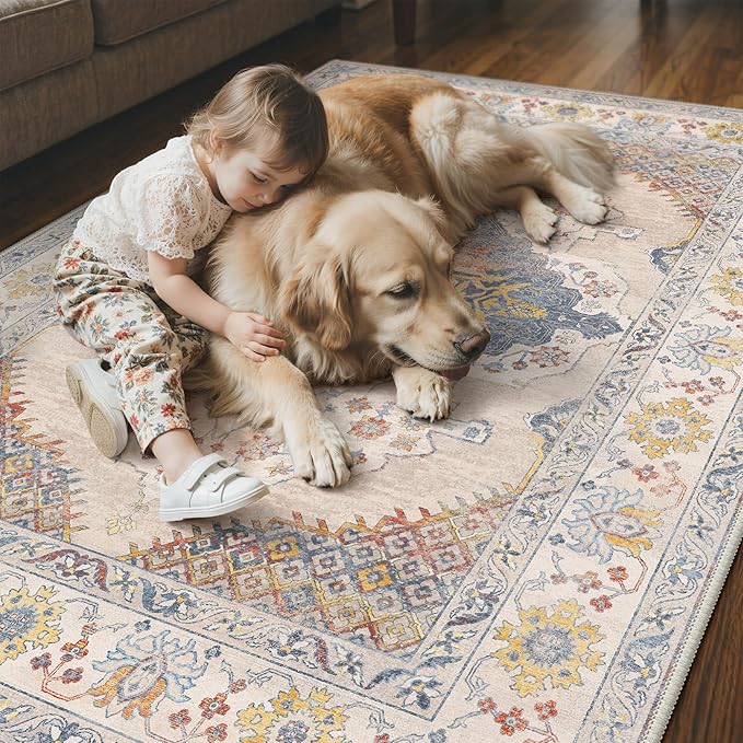GENIMO 8x10 Area Rugs for Living Room, Machine Washable Non Slip Rugs, Low Pile Lightweight Print Rug for Bedroom, Dining Room, Home Office, Vintage Cream/Blue