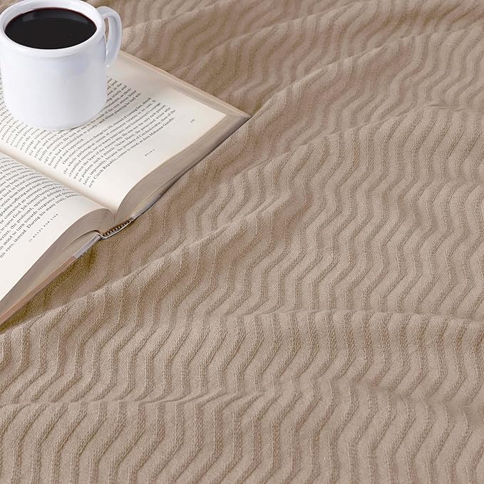 Superior JENA Cotton Blanket, for Picnic, Beach, Traveling or Camping, Bedroom Decor, Essentials, Cover for Bed, Couch, Lounging, Textured Jacquard, Modern Chevron Woven Blanket, Twin, Khaki
