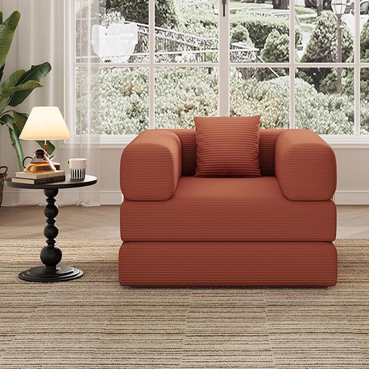 Folding Sofa Bed, 2 in 1 Convertible Sofas to Lounger Comfy Single Bean Bag Chair Floor Portable Foldable Sleeper Lazy Futon Couch Chair for Bedroom, Living Room(Orange, 35.43" Single Sofa)
