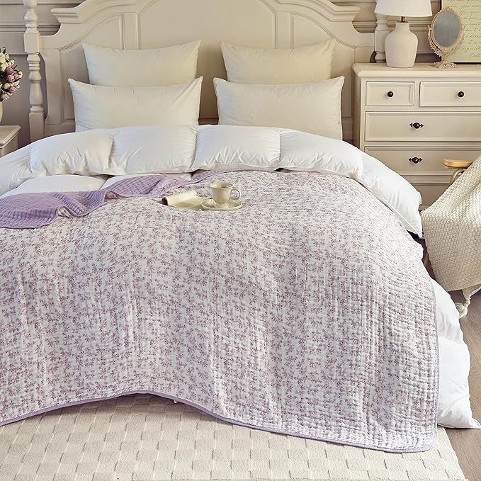 Muslin Blankets 100% Cotton 6-Layer Gauze Floral Pattern Throw Blanket Lightweight Soft and Breathable King Blanket for Sofa Couch Bed Coverlet Both Sides (Floral Purple-a, King 90" X 104")