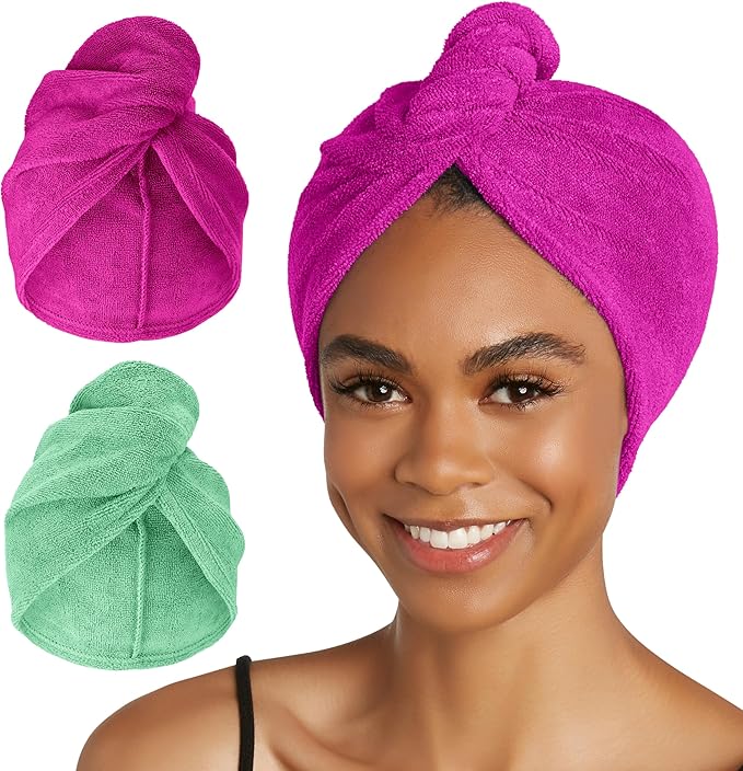 Turbie Twist 2-Pack Microfiber Hair Towel for Beauty, Travel, Gifting - Wrap Turban for Straight, Wavy & Curly Hair - Premium Personal Care - Kelly Green & Wild Aster