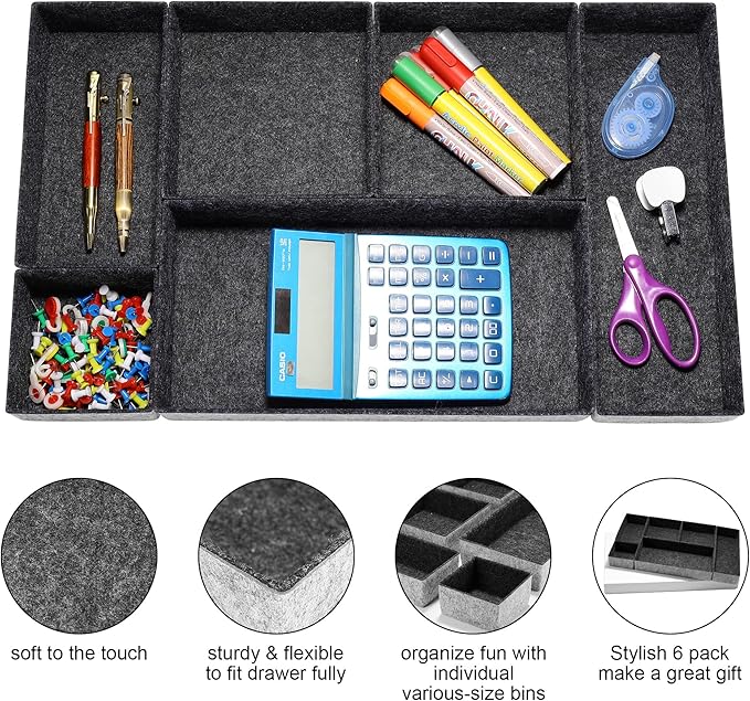 Welaxy Deluxe drawer organizers multi-purpose storage box junk bins soft but sturdy quiet luxury gift idea catch tray office home bathroom watches Jewelry nightstand holder 6-piece Style A (Charcoal)