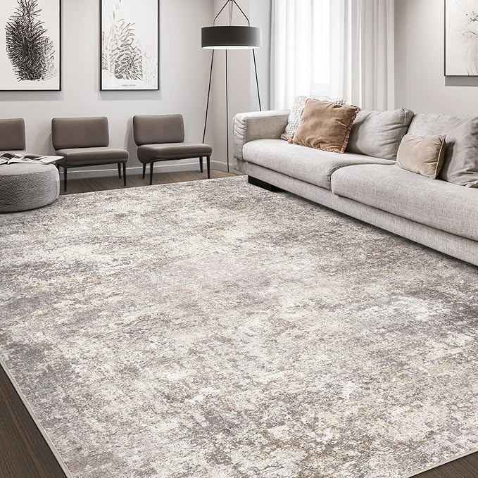 Area Rug Living Room Rugs - 10x14 Abstract Large Soft Indoor Washable Rug Neutral Modern Low Pile Carpet for Bedroom Dining Room Farmhouse Home Office - Brown