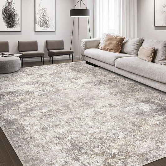 Area Rug Living Room Rugs - 10x14 Abstract Large Soft Indoor Washable Rug Neutral Modern Low Pile Carpet for Bedroom Dining Room Farmhouse Home Office - Brown