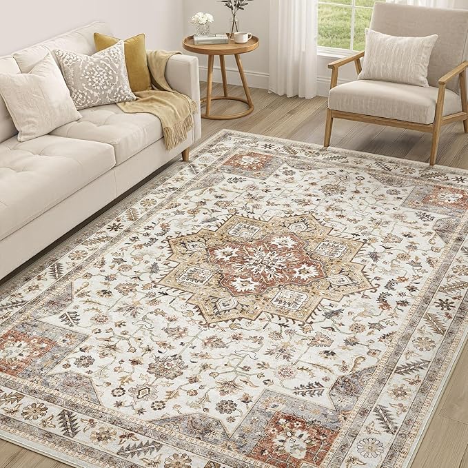 Vintage Living Room Area Rug 5x7 - Large Soft Washable Oriental Traditional Distressed Farmhouse Rugs for Bedroom - Indoor Floor Accent Carpet for Home Office House Decor - Golden Taupe