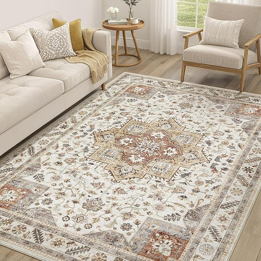 Vintage Living Room Area Rug 6x8 - Large Soft Washable Oriental Traditional Distressed Farmhouse Rugs for Bedroom - Indoor Floor Accent Carpet for Home Office House Decor -Golden Taupe