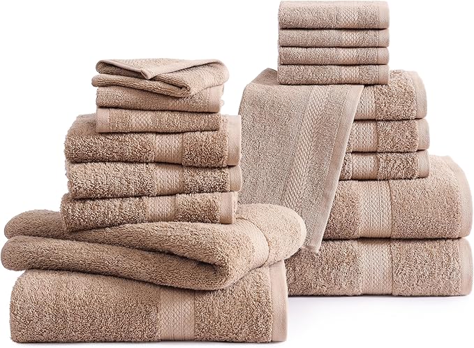 LANE LINEN 18 Piece Cotton Towel Set - Soft, Absorbent & Perfect Family Set - 4 Bath, 8 Washcloths, 6 Hand Towels for Bathroom - Ideal for Home, Spa & Gym - Quality You Can Trust - Taupe