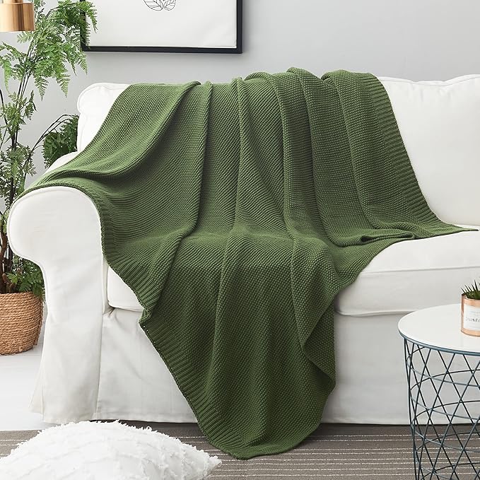 Longhui bedding Olive Green Cotton Cable Knit Throw Blanket for Couch Sofa Bed, Home Decorative Lightweight Knitted Blankets with Bonus Laundering Bag, 50“ x 60”, Machine Washable