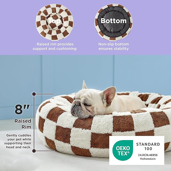 LE SURE Donut Medium Dog Bed - Round Cat Beds for Indoor Anti-Anxiety Calming Pet Beds, Washable Cute Modern Beds with Teddy Sherpa Plush & Anti Slip Bottom, 30 Inch, Brwon