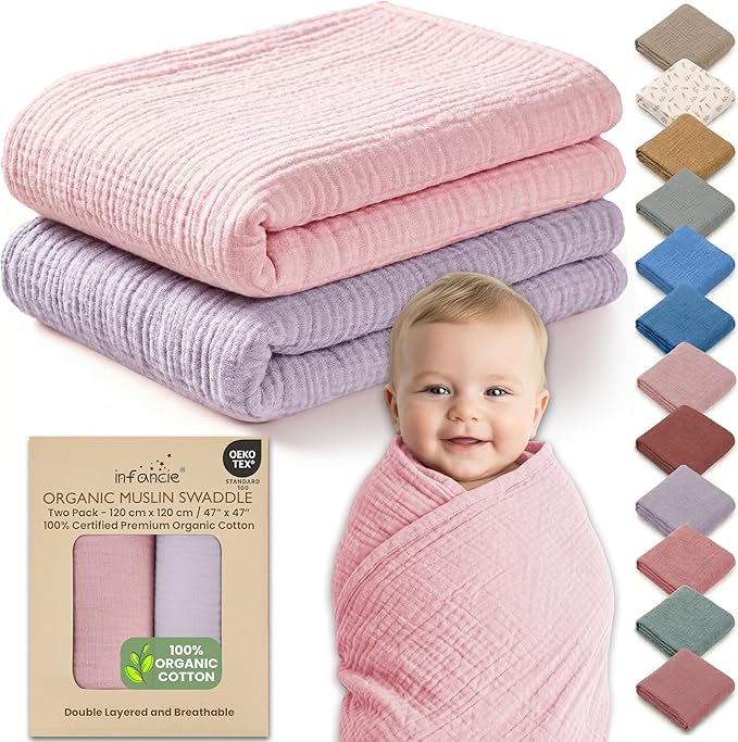 100% Organic Cotton Muslin Baby Blanket - 47 x 47 Inch Breathable Baby Swaddle Blanket, Hypoallergenic Double-Layer, Soft Newborn Baby Blanket for Everyday Use (Light Pink/Light Purple)