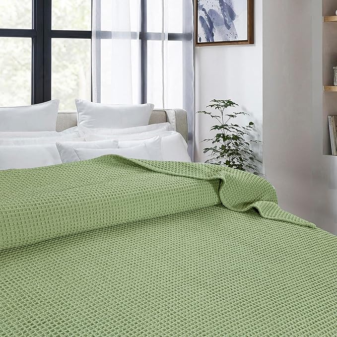 Bed & Bath Home Premium 100% Cotton Waffle Weave Blanket King Size – Soft Breathable Lightweight Comfort, Natural All-Season Bed Blanket, Easy-Care Bedspread for Bed & Couch (Sage Green)