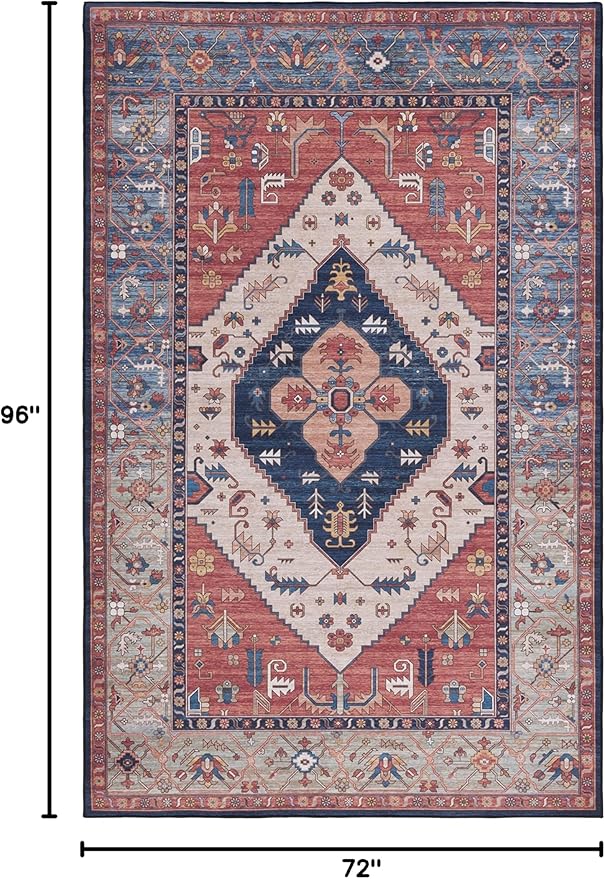 SAFAVIEH Washable Rug Tucson Collection - 6' x 8', Rust & Blue, Slip Resistant & Easy to Clean, Ideal for Living Room, Bedroom, Dining Space (TSN153P)