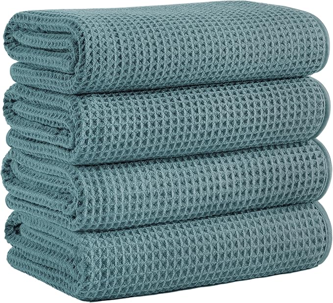 Microfiber Waffle Bath Towels, 4 Pieces, Soft, Absorbent, Fast Drying, Lint Free 430 GSM (Green)