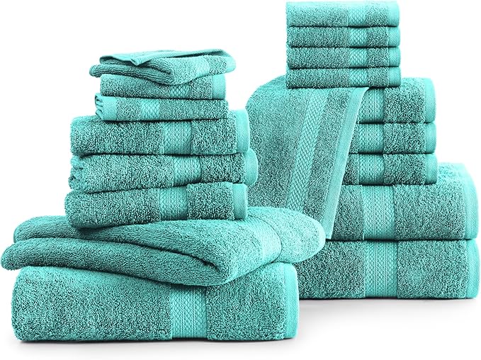 LANE LINEN 100% Cotton Bath Towels - 18 Pieces - Softer, Durable & Highly Absorbent - 4 Bath, 8 Wash Cloth, 6 Hand Towels - Perfect Family Set, Premium Quality, Oeko-TEX Certified - Teal