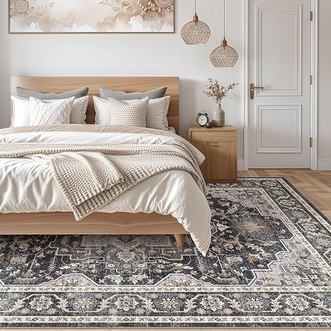 Vintage Living Room Area Rug 8x10 - Large Soft Washable Oriental Traditional Distressed Farmhouse Rugs for Bedroom - Indoor Floor Accent Carpet for Home Office House Decor - Black