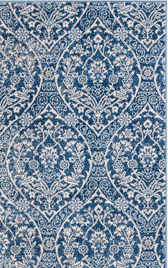 SAFAVIEH Brentwood Collection 2' x 12' Navy / Light Grey BNT860M Floral Damask Ogee Trellis Non-Shedding Living Room Bedroom Runner Rug