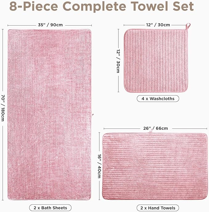 Oversized Bath Towels 8 Piece Towel Set, 2 Extra Large Bath Sheets, 2 Hand, 4 Washcloths, Luxury Soft Super Absorbent Thick Shower Towels for Bathroom, Spa & Hotel, Quick Dry, Pink