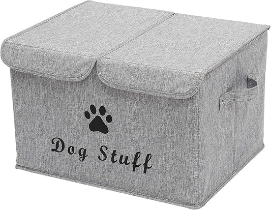 Geyecete Large Storage Boxes - Large Linen Fabric Foldable Storage Cubes Bin Box Containers with Lid and Handles for Dog Apparel & Accessories, Dog Toys(Snow Grey)