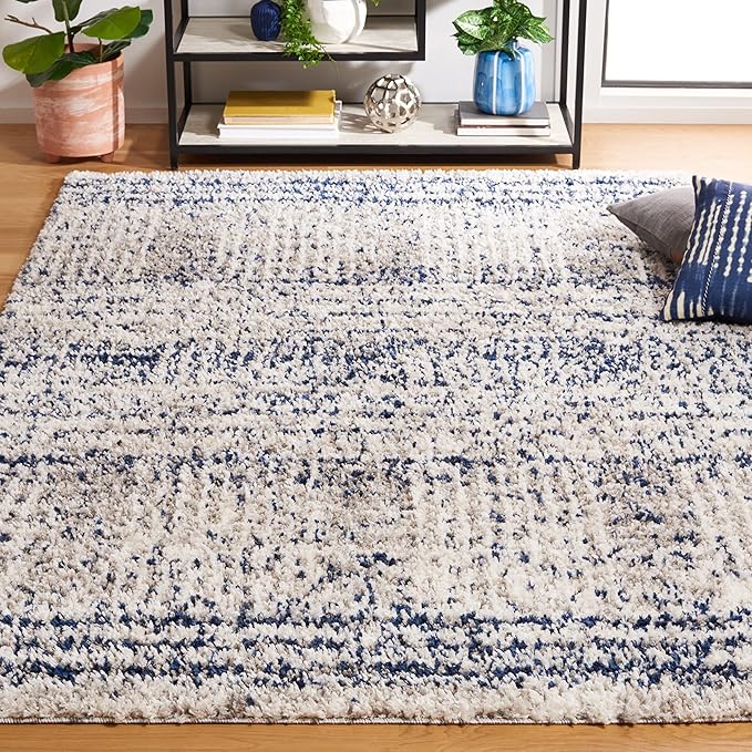 SAFAVIEH Jericho Shag Collection Accent Rug - 4' x 6', Navy & Ivory, Design, Non-Shedding & Easy Care, 1.2-inch Thick Ideal for High Traffic Areas in Entryway, Living Room, Bedroom (JER100N)