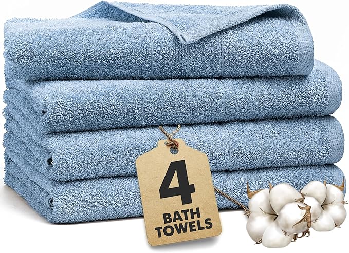 Bath Towels Set of 4 – 100% Cotton Sky Blue Extra Large Towels for Bathroom, Spa Use (55x28 in) – Super Soft and Quick Dry Large Bath Sheets for Adults