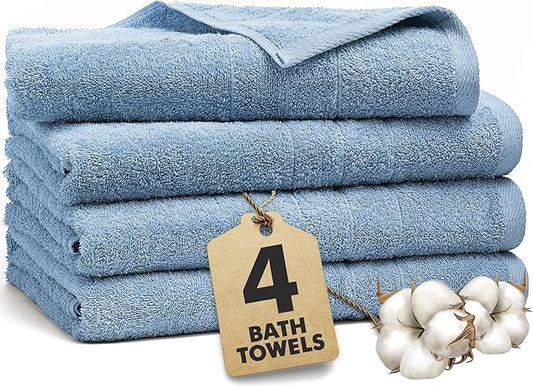 Bath Towels Set of 4 – 100% Cotton Sky Blue Extra Large Towels for Bathroom, Spa Use (55x28 in) – Super Soft and Quick Dry Large Bath Sheets for Adults