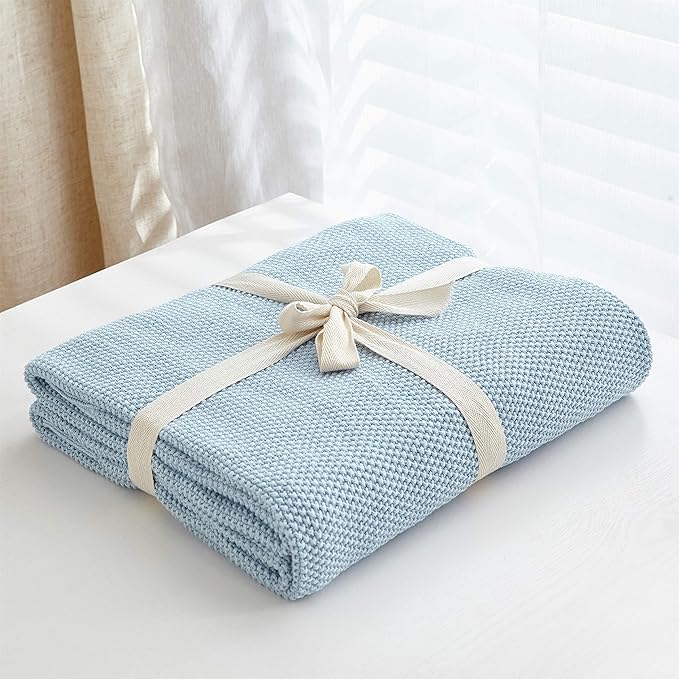 Longhui bedding 100% Cotton Light Blue Lightweight Cable Knit Throw Blanket for Couch Sofa Bed Home Décor Bonus Laundering Bag – Large 60 x 80 Inch, Machine Washable, Blue Color