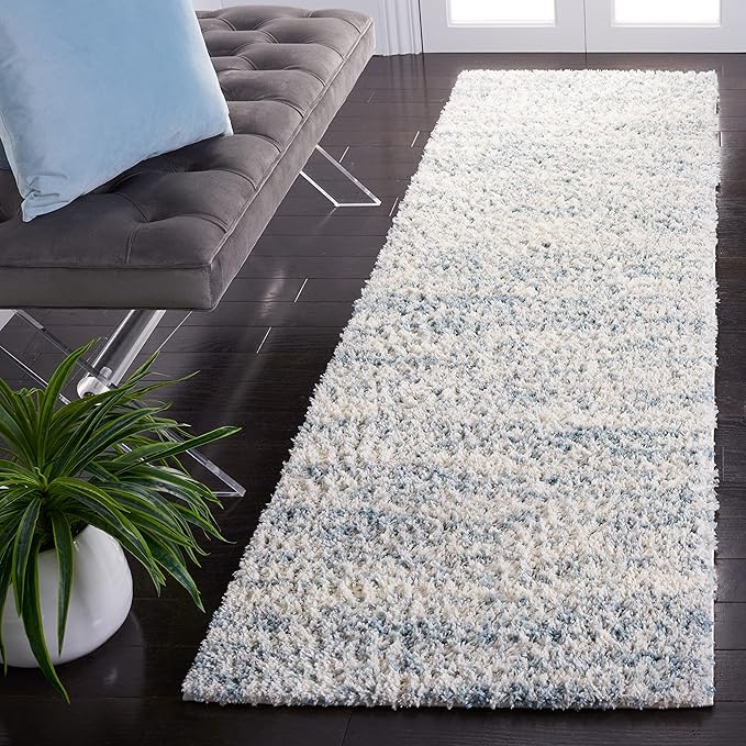 SAFAVIEH Berber Shag Collection Runner Rug - 2' x 6', Ivory & Light Aqua, Modern Design, Non-Shedding & Easy Care, 1.2-inch Thick, Ideal for The Living Room, Bedroom, Dining Room (BER563J-26)