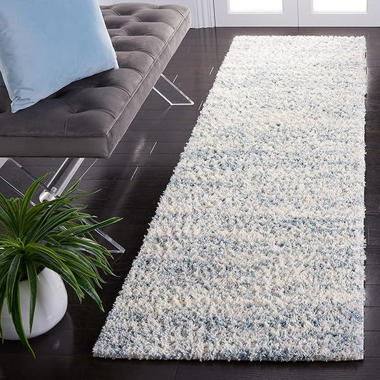 SAFAVIEH Berber Shag Collection Runner Rug - 2' x 6', Ivory & Light Aqua, Modern Design, Non-Shedding & Easy Care, 1.2-inch Thick, Ideal for The Living Room, Bedroom, Dining Room (BER563J-26)