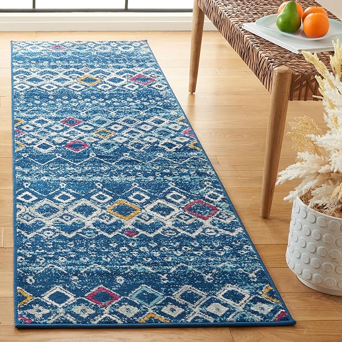 SAFAVIEH Amsterdam Collection Runner Rug - 2'3" x 6', Navy & Turquoise, Moroccan Boho Design, Non-Shedding & Easy Care, Ideal for High Traffic Areas in Living Room, Bedroom (AMS108M)