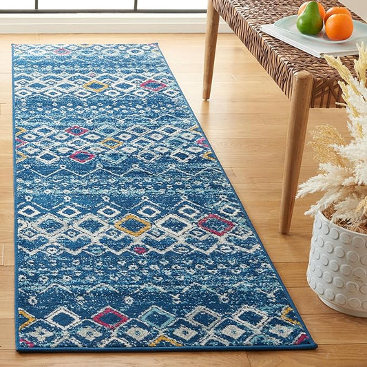 SAFAVIEH Amsterdam Collection Runner Rug - 2'3" x 8', Navy & Turquoise, Moroccan Boho Design, Non-Shedding & Easy Care, Ideal for High Traffic Areas in Living Room, Bedroom (AMS108M)