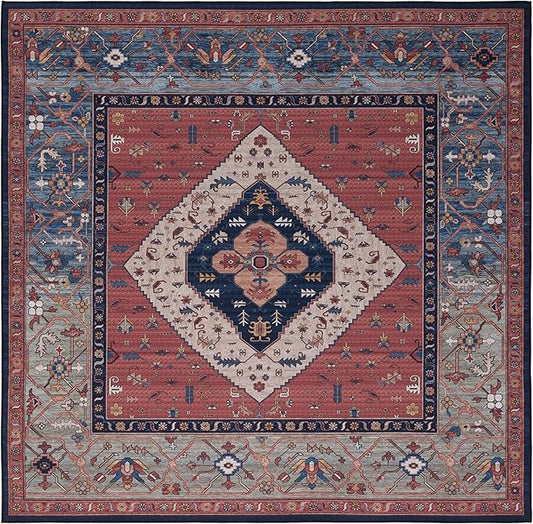 SAFAVIEH Washable Rug Tucson Collection - 4' Square, Rust & Blue, Slip Resistant & Easy to Clean, Ideal for Foyer, Kitchen, Nursery, Office, Bedroom (TSN153P)